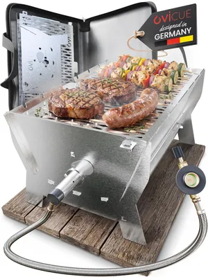 Produktbild von ovicue Grill groß L | Mobiler Steck-Gasgrill – Tragbarer Edelstahlgrill mit Stecksystem – Gas- & Holzkohlebetrieb – Inkl. Tragetasche – Perfekt für Camping, Balkon, Garten & Outdoor