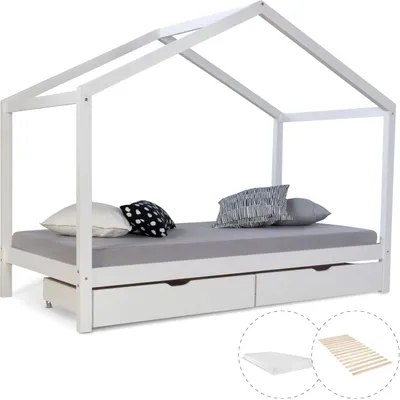Produktbild von Homestyle4u Kinderbett 90x200 Hausbett |mit Matratze mit ® Standard 100 mit ® Standard 100 Weiß mit Bettkasten mit Stauraum