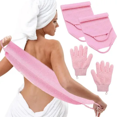 Produktbild von Rückenschrubber Set 4-teilig Pink Peelinghandschuhe & Rückenwaschgurt für Dusche