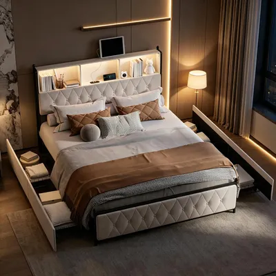 Produktbild von INONEFT Polsterbett 160x200 mit Stauraum, Doppelbett mit LED und USB, Jugendbett mit 4 Schubladen, Bettgestell , Samt,Beige