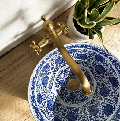 A close-up view of a decorative sink with a faucet and a plant.