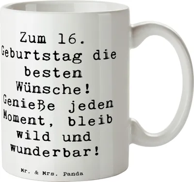 Produktbild von Mr. & Mrs. Panda Tasse Spruch 16. Geburtstag Glück - Weiß - Geschenk, Teetasse, genieße jeden Moment, Kaffeebecher, Kaffeetasse, Pott, Geburtstagsgruß, Happy Birthday