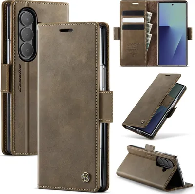 Obrázek produktu pro Kožené pouzdro pro Samsung Galaxy Z Fold 7, RFID ochranou, magnetickým zavíráním, přihrádkami na karty a funkcí stojánku Hnědý