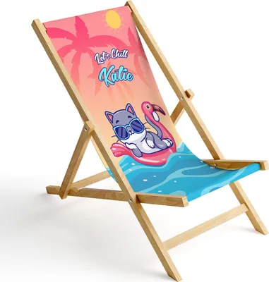 A personalized deck chair with a cartoon cat and flamingo design.