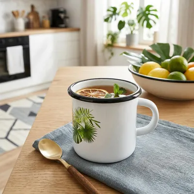 Produktbild von Emalia Rybnik Emaille Becher 400 ml – Emaille Tasse mit grünem Blättermotiv, Metallbecher mit Henkel, Campingbecher für Kaffee und Tee, KI-generiertes Bild