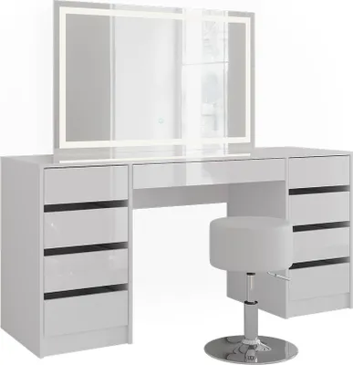 Produktbild von Schminktisch Vicco Sherry Weiß/Weiß Hochglanz 158.2 cm mit LED-Spiegel und Hocker, Model 57660