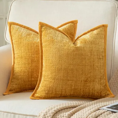 Productafbeelding van Set van 2 kussenhoezen, geel, 45x45 cm, chenille met fluweelrug, geschikt voor bank, slaapkamer, woonkamer