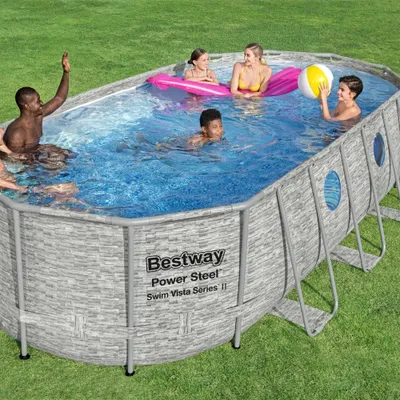 Produktbild von Bestway Oval Power Steel Swim Vista Swimmingpool – Steindruck – 549 x 274 x 122 – inklusive Pumpe – Leiter – Abdeckung Wartungspaket - Filter - Bodenfliesen