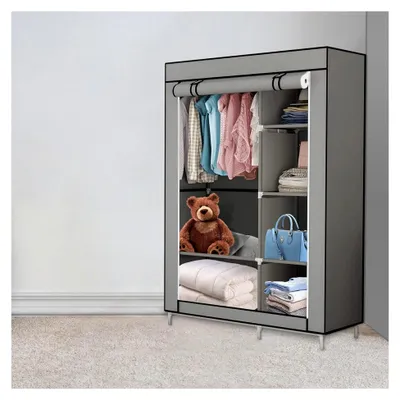 Produktbild von Stoffschrank, Kleiderschrank, 2 Hängefächer, mit Ablagen, 4 Seitentaschen, viel Stauraum, für Schlafzimmer und Wohnzimmer, 105 * 45 * 170 cm – dunkelgrau