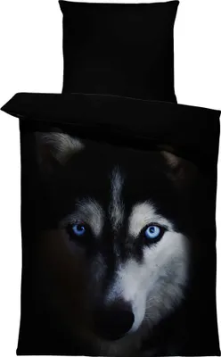 Produktbild von 4 teilig Wolf Bettwäsche 135x200 cm Wölfe schwarz weiß Tier Wende Mikrofaser