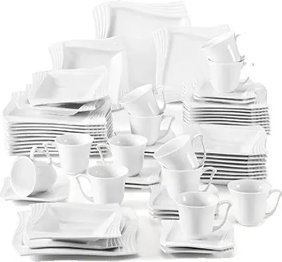 Image de Set de vaisselle en porcelaine pour 12 personnes, adapté au micro-ondes et au lave-vaisselle, design carré élégant, 60 pièces