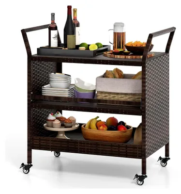 Produktbild von Servierwagen aus Rattan, Küchenwagen mit 3 Ablagen, Rollen und Seitengriffen, Grillwagen für Garten, Pool, Veranda, 86 x 50 x 89 cm