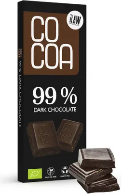 Obrázok produktu pre COCOA Horká čokoláda 99% zo surových kakaových bôbov Vegánska bez cukru 40g s kakaovými lupienkami Nektár z kokosových kvetov