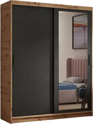 Image de Armoire Henry avec miroir, 120 cm, comprenant 2 portes coulissantes (artisanale, noire)