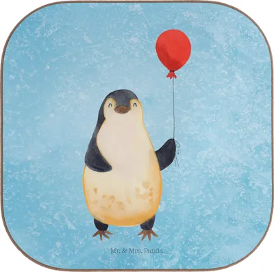 Produktbild von Mr. & Mrs. Panda Holzuntersetzer Pinguin Luftballon - Eisblau - Geschenk, Liebe, gläseruntersetzer, Jahrmarkt, Lebenslust, Untersetzer Gläser, Kirmes, Geschenkidee, für