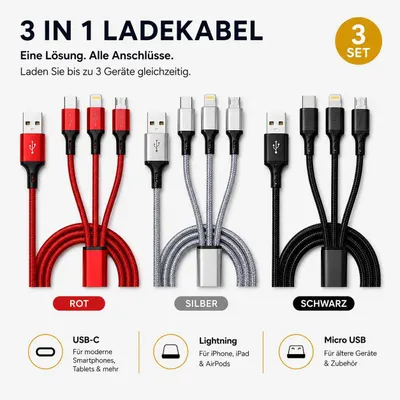 Image de Lot de 3 câbles de recharge 3-en-1 USB-C, Lightning et Micro-USB, 1,2 m, E6601