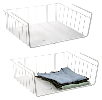 Produktbild von Schrankkörbe 2er Set mit Einlegeböden und Kratzschutz, Aufbewahrungskorb für Küche, Speisekammer, Büro, Bücherregal, Schrank, Badezimmer, Unterregal, schwarz (Weiß)
