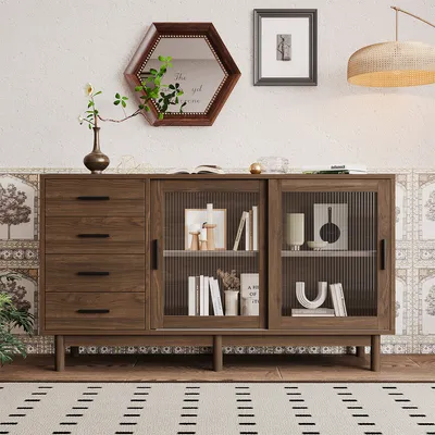 Produktbild von Holzanrichte Sideboard mit Glasvitrine 4 Schubladen 2 Glastüren Wohnzimmerunterschrank Eckschrank Glasvitrine 140*40*75,8cm