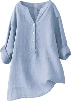 Produktbild von ASKSA Damen Baumwolle Leinen Bluse Einfarbig Langarm Shirt Lose Blusenshirt Knoepfen Aufrollen Tops, Himmelblau, Groesse: M