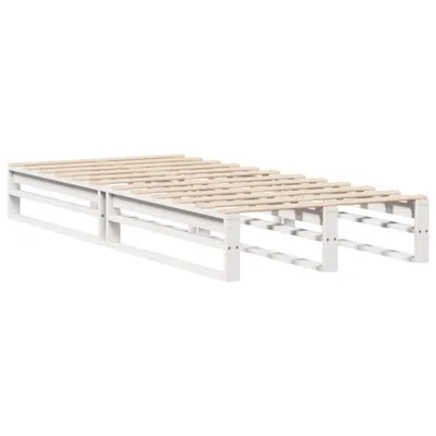 A white wooden bed frame with a slatted base, shown from a side angle against a white background.
