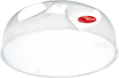 A clear plastic microwave lid with a red vent on a white background.