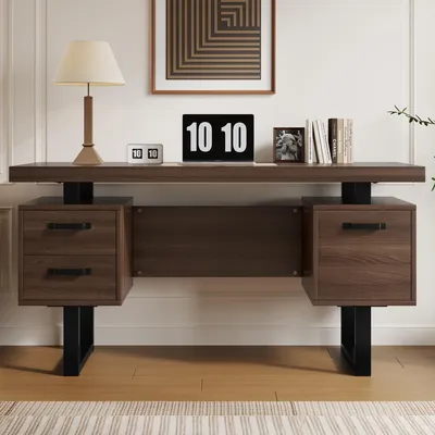 Obrázok produktu pre Moderný písací stôl s pracovnou doskou z hnedého MDF a dvoma praktickými zásuvkami, rozmer 135 x 54 x 76 cm