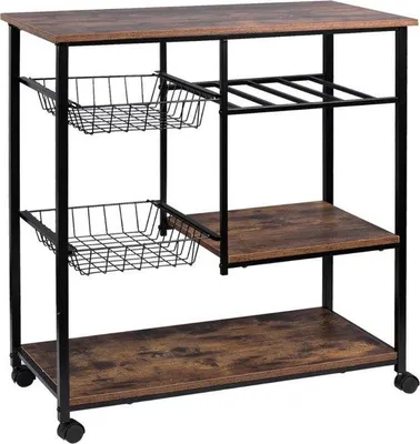 Produktbild von Schwarzer Holzservierwagen mit Rädern und Abstellkorb 80x40x86 cm