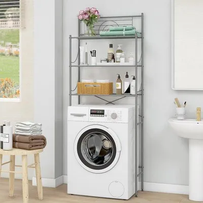 Zdjęcie produktu dla Ibenzoa® – Półka na pralkę ze stali nierdzewnej – oszczędza miejsce, 3 półki, regulowane antypoślizgowe nóżki, wzmocnienie w kształcie litery X, 4 zdejmowane haczyki i uchwyt na papier toaletowy, udźwig 8 kg na półkę