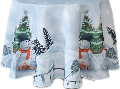 Produktbild von Unyqoos® Runde Tischdecke Ø150 cm – 100% Polyester, Schneemann-Print Winterlandschaft, matt strukturierter Stoff mit schmalem Saum, weiß/hellblau/rot