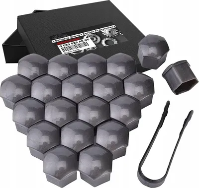 A set of dark gray wheel nut caps and a tool are arranged on a white background, with a black box in the upper left corner.