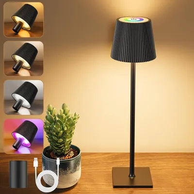Produktbild von Tischlampe Kabellos, RGB LED Tischleuchte, Dimmbar Touch Akku Tischleuchte Kabellos mit USB Ladestation, Warmweiß+ RGB, IP54 Wasserdichte, Schwarz