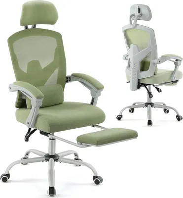 A green ergonomic office chair with a headrest and footrest is shown from the front and side.