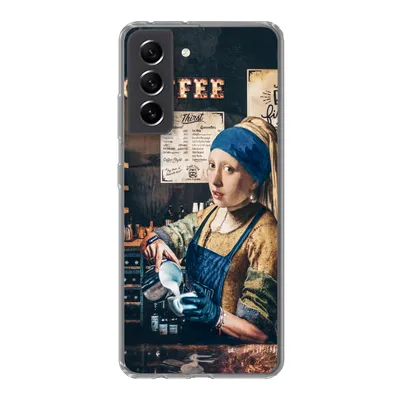 Produktbild von MuchoWow® Handyhülle Schutzhülle Hülle für Samsung Galaxy S21 FE Mädchen mit Perlenohrring - Cappuccino - Barista - Vermeer - Kaffee - Gemälde Silikon Softcase Handy Hülle - Mobiltelefonhülle