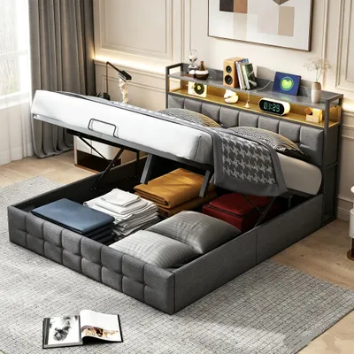 Produktbild von INONEFT Boxspringbett 140 x 200cm mit Bettkasten, Polsterbett Doppelbett mit LED und USB, Stauraumbett mit Lattenrost, Leinen, Grau