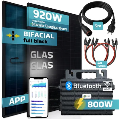 Produktbild von SUNNIVA® 920W Balkonkraftwerk BIFAZIAL FULLBLACK komplett Steckdose ASTRO-E 800W Wechselrichter, PV Solaranlage, 5m Kabel, Bluetooth WIFI