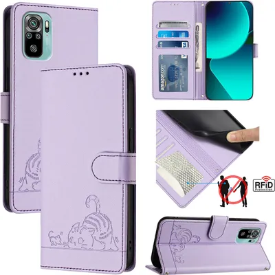 Produktbild von Leder Hülle für Xiaomi Redmi Note 10s /Note 10 4G/Poco M5s Süße Katze Flip Case Brieftasche Schutzhülle mit Standfunktion Lila
