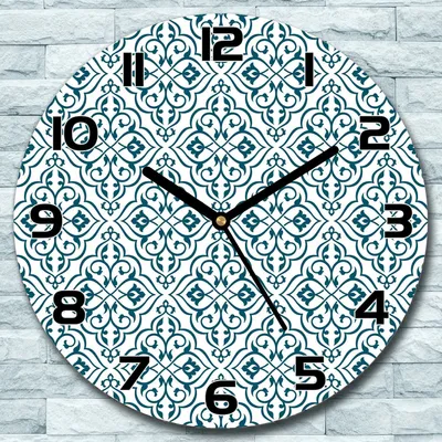 Produktbild von Wanduhr aus Glas Rund fi 30 Blau Ornament Weiß Quarz Deko Schlafzimmer Büro