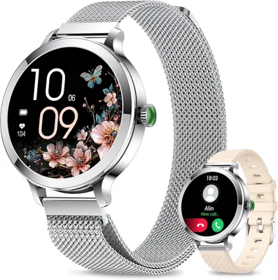 Produktbild von Damen Smartwatch mit AMOLED Display, 110+ Sportmodi, Fitnessuhr mit Herzfrequenz, Schlaf- und Zyklustracking, Bluetooth Anruf, IP68
