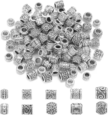 Produktbild von Große Lochperlen 100 Stück, antik Silber, 10 Stile, für Schmuckherstellung