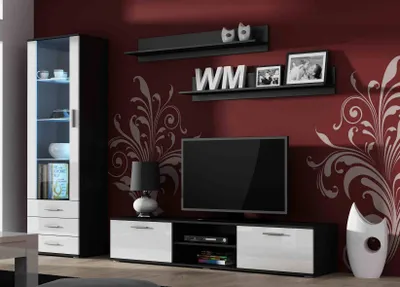 Produktbild von Furniture24 Wohnwand SOHO 1 mit Blauer LED Beleuchtung, Anbauwand, Wohnzimmerschrank, Schrankwand, Vitrine, Lowboard, Hängeregal Schwarz/Weiß Hochglanz