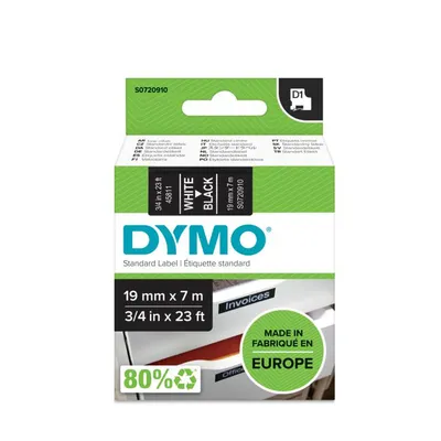 Produktbild von DYMO Original D1-Etikettenband | weiß auf schwarz | 19 mm x 7 m | selbstklebendes Schriftband | für LabelManager-Beschriftungsgerät, Weiss auf Schwarz, Polyester, Belgien, -18 - 90 °C, DYMO, LabelManager, LabelWriter 450 DUO