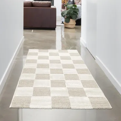 Obrázek produktu pro Koberec do obývacího pokoje s kostkovaným vzorem, nadýchaný, robustní, krémově béžový, velikost - 80 x 150 cm