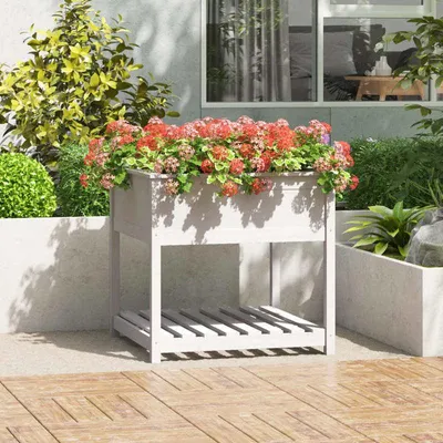 Immagine prodotto di Tavolino da giardino - Vaso per piante con ripiano - Legno massello di pino - Bianco - 82,5 x 82,5 x 81 cm