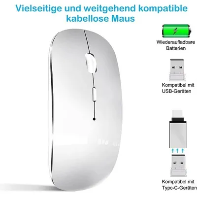 Produktbild von Kabellose Funkmaus mit 2,4 GHz, 1600 DPI, 3 DPI-Stufen, USB-C-Adapter, wiederaufladbar, Silber