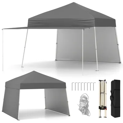 Produktbild von GOPLUS 430 x 280 cm Pop-up Pavillon mit 2 Seitenwänden, verstellbare Outdoor-Sonnenschutz tragbar mit 8 Heringen & 4 Windseilen, Grau