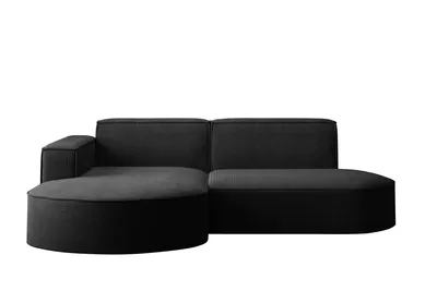 A black sectional sofa with a rounded chaise lounge on a white background.