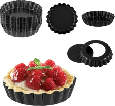 Produktbild von 20 schwarze Tarteformen mit Antihaftbeschichtung, 10,2 cm und 10 cm, Mini-Backformen mit losem Boden für einzelne Kuchen