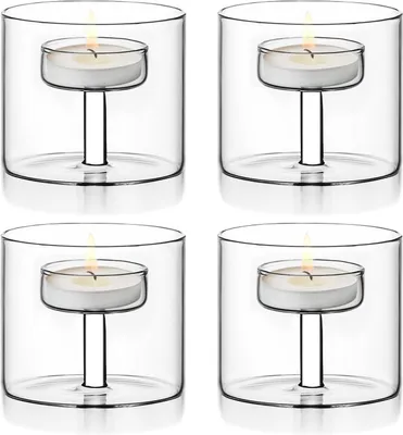 Image de Support-bougie en verre : 4 supports-bougie transparents, petits chandeliers cylindriques pour la table de Noël