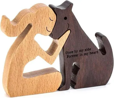 Produktbild von Unyqoos® Handgeschnitzte Holzfiguren aus massivem Buchenholz – Tier‑ & Familien‑Skulpturen (Mädchen mit Hund, Welpe, Katze, Pferd) – Wohndeko & Geschenk