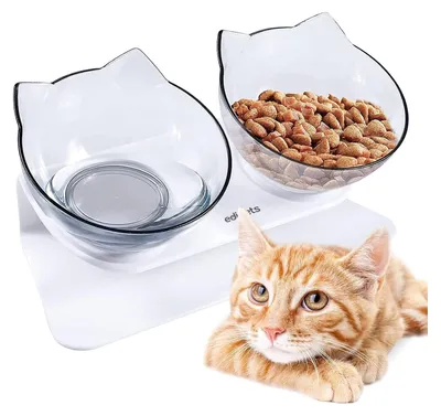 Immagine prodotto di Ciotola per gatti doppia - Due ciotole trasparenti - Rialzata - Bianca - Antiscivolo